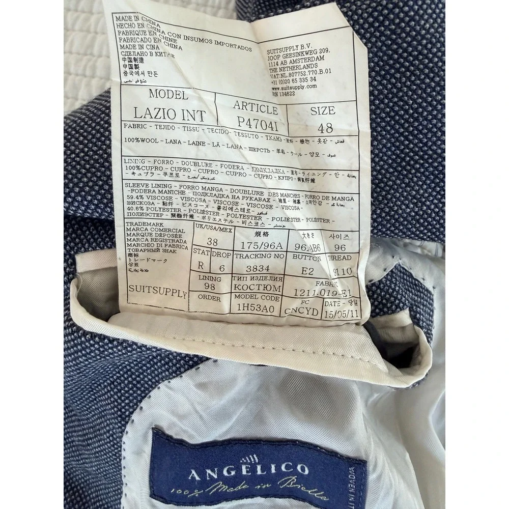 Suitsupply Lazio Blue Pure Wool Angelico Blazer Jacket Mens 38R P4704I